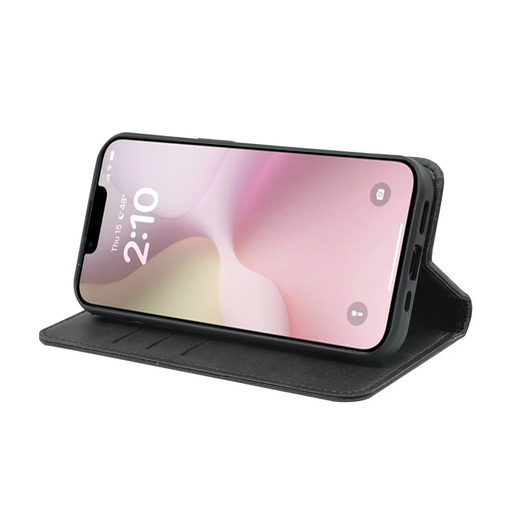 For iPhone 17e / 16e Case Wallet Calf Texture Leather Phone Cover with Hidden Magnetic Closure - Black - 4