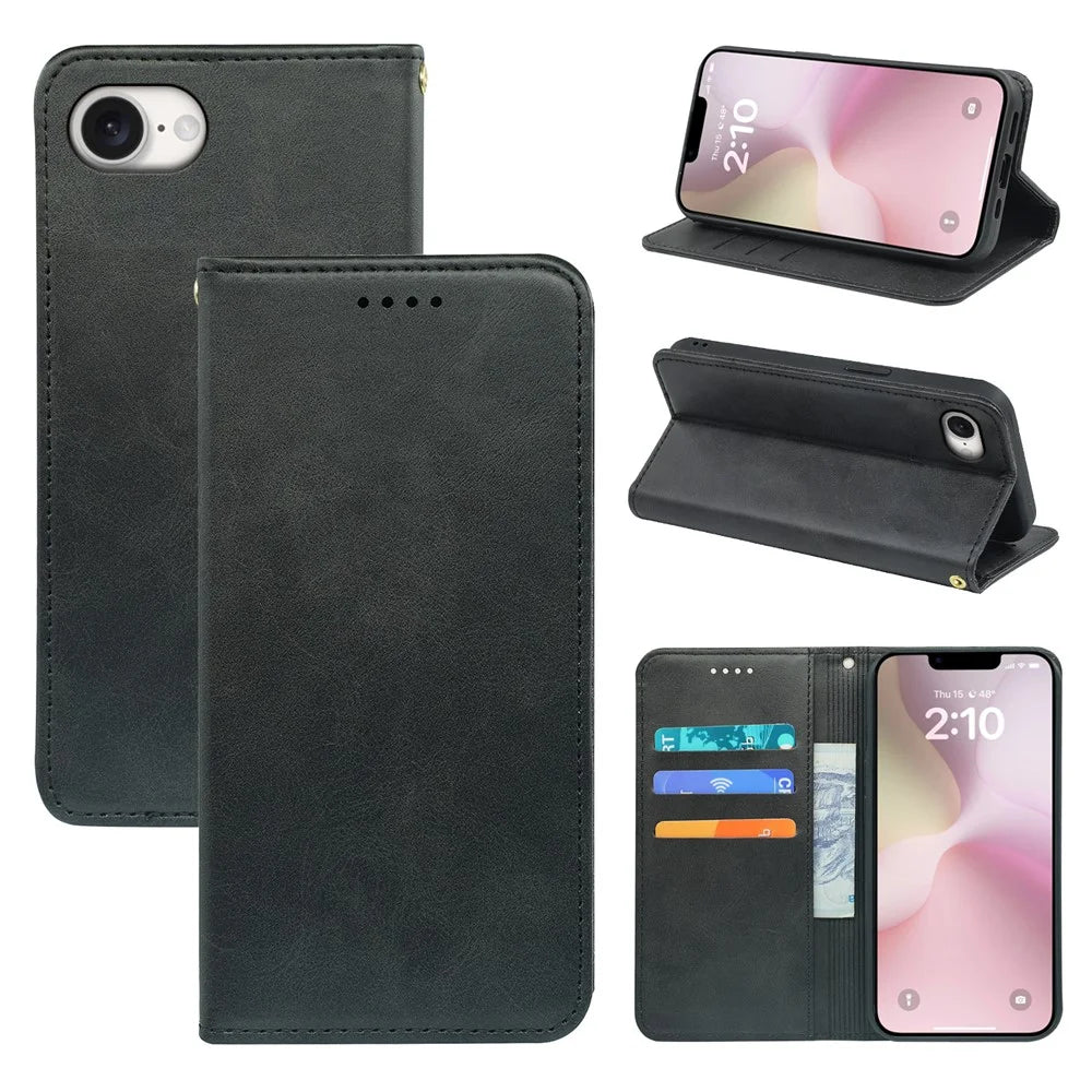 For iPhone 17e / 16e Case Wallet Calf Texture Leather Phone Cover with Hidden Magnetic Closure - Black - 5