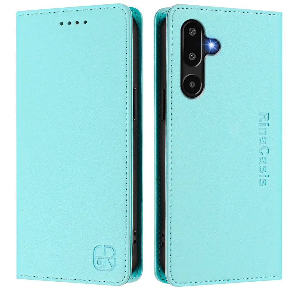 For Samsung Galaxy M16 5G / Galaxy F16 5G Leather Case RINACASIS RC01 Phone Cover with RFID Blocking Wallet Stand - Mint Green - 1