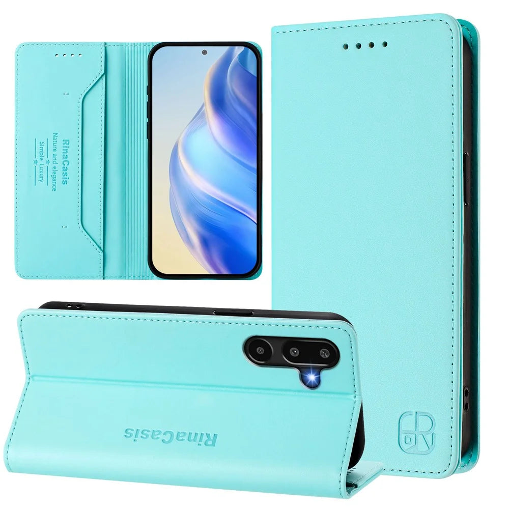 For Samsung Galaxy M16 5G / Galaxy F16 5G Leather Case RINACASIS RC01 Phone Cover with RFID Blocking Wallet Stand - Mint Green - 3