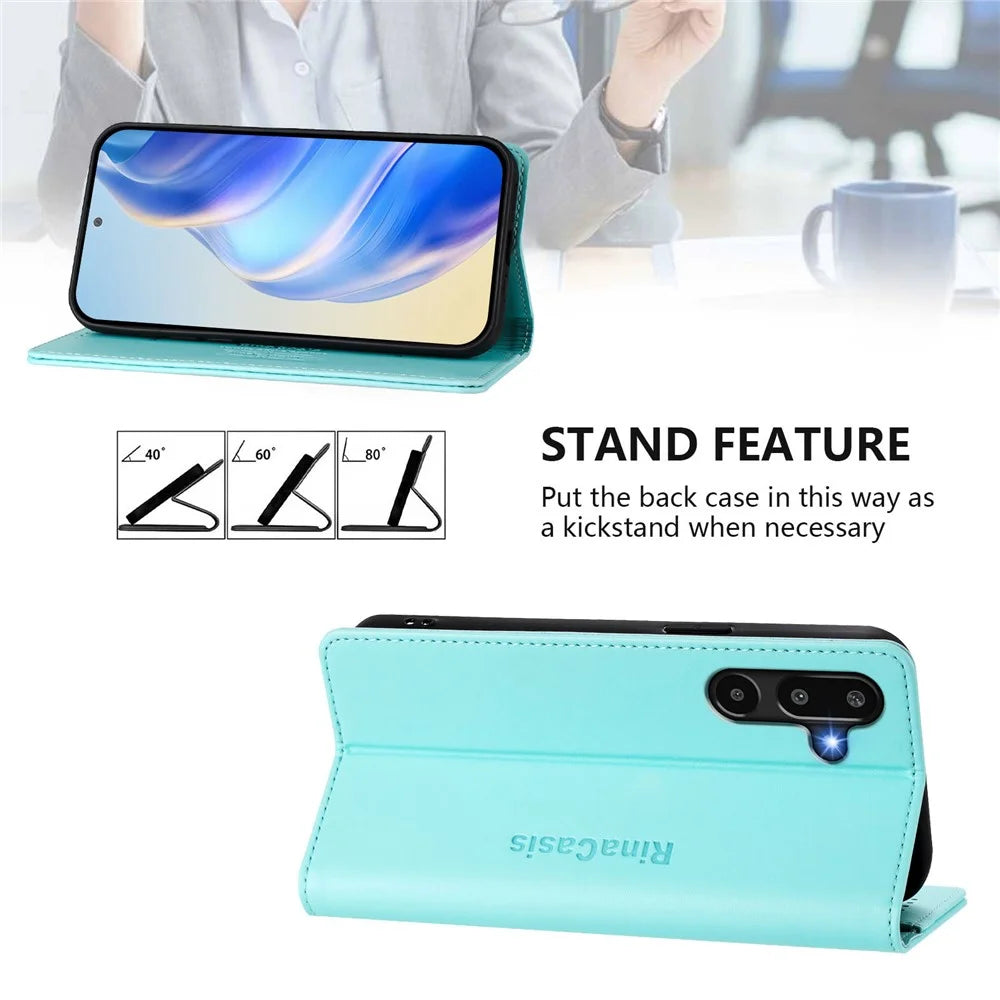 For Samsung Galaxy M16 5G / Galaxy F16 5G Leather Case RINACASIS RC01 Phone Cover with RFID Blocking Wallet Stand - Mint Green - 4