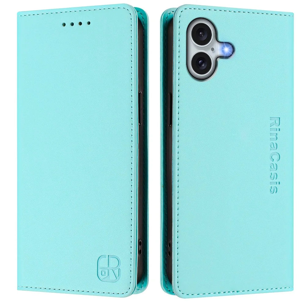 For iPhone 16 Plus Leather Case RINACASIS RC01 Phone Cover with RFID Blocking Wallet Stand - Mint Green - 1