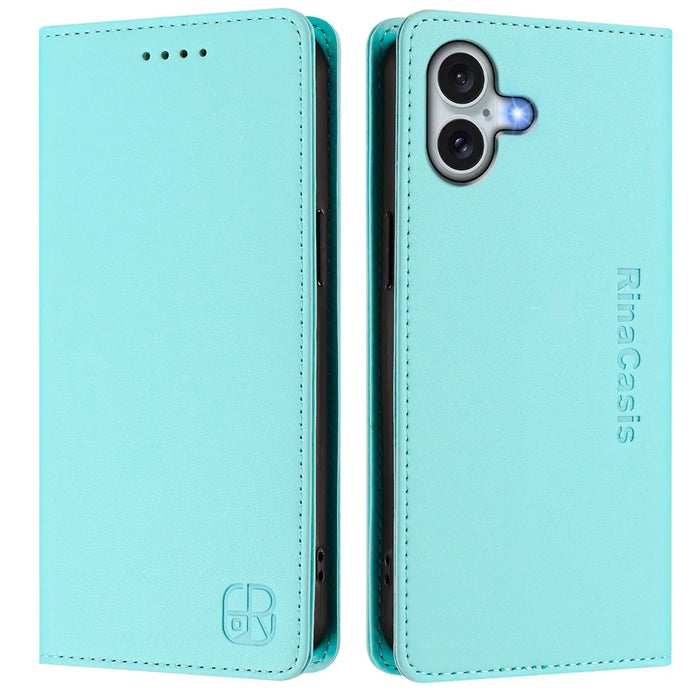 For iPhone 16 Plus Leather Case RINACASIS RC01 Phone Cover with RFID Blocking Wallet Stand - Mint Green - 1