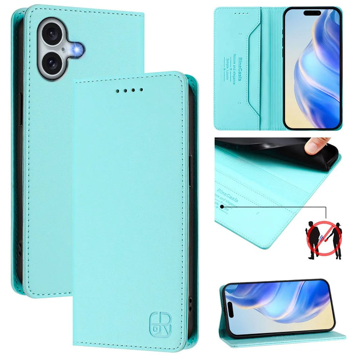 For iPhone 16 Plus Leather Case RINACASIS RC01 Phone Cover with RFID Blocking Wallet Stand - Mint Green - 2