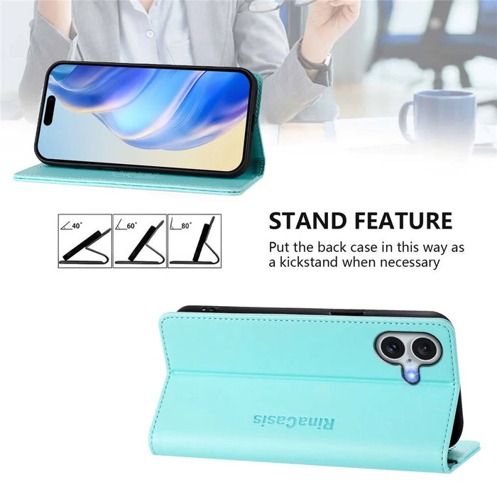For iPhone 16 Plus Leather Case RINACASIS RC01 Phone Cover with RFID Blocking Wallet Stand - Mint Green - 4