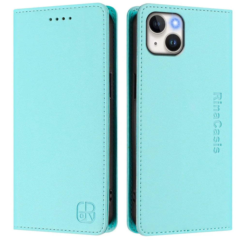 For iPhone 15 Plus Leather Case RINACASIS RC01 Phone Cover with RFID Blocking Wallet Stand - Mint Green - 1