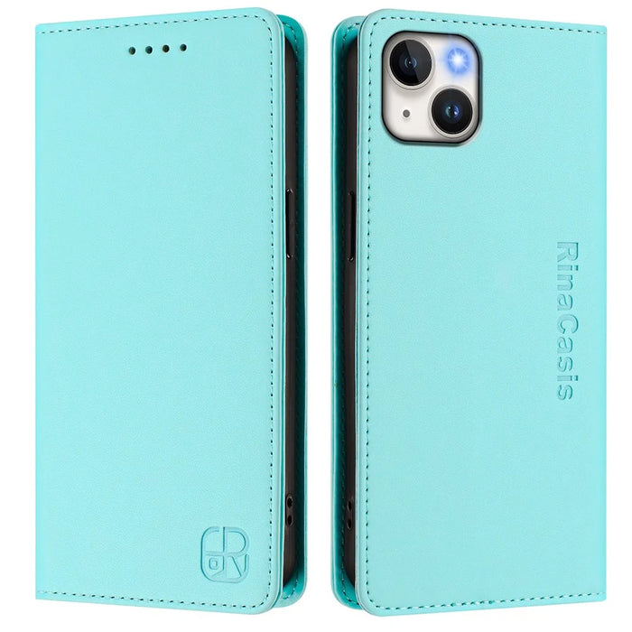 For iPhone 15 Plus Leather Case RINACASIS RC01 Phone Cover with RFID Blocking Wallet Stand - Mint Green - 1