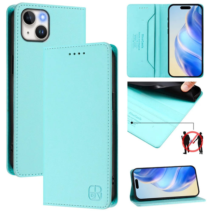 For iPhone 15 Plus Leather Case RINACASIS RC01 Phone Cover with RFID Blocking Wallet Stand - Mint Green - 2