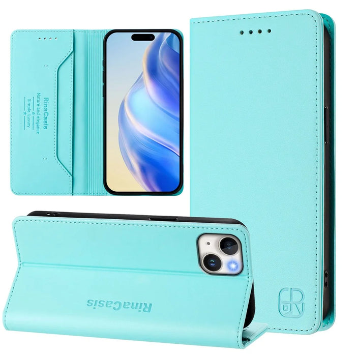 For iPhone 15 Plus Leather Case RINACASIS RC01 Phone Cover with RFID Blocking Wallet Stand - Mint Green - 3