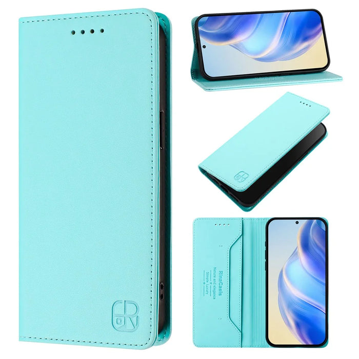 For iPhone 15 Plus Leather Case RINACASIS RC01 Phone Cover with RFID Blocking Wallet Stand - Mint Green - 5