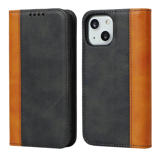 For iPhone 14 Plus Bi-color Splicing Calf Texture PU Leather Drop-proof Case Magnetic Auto-absorbed Phone Wallet Stand Cover - Black / Yellow - 1