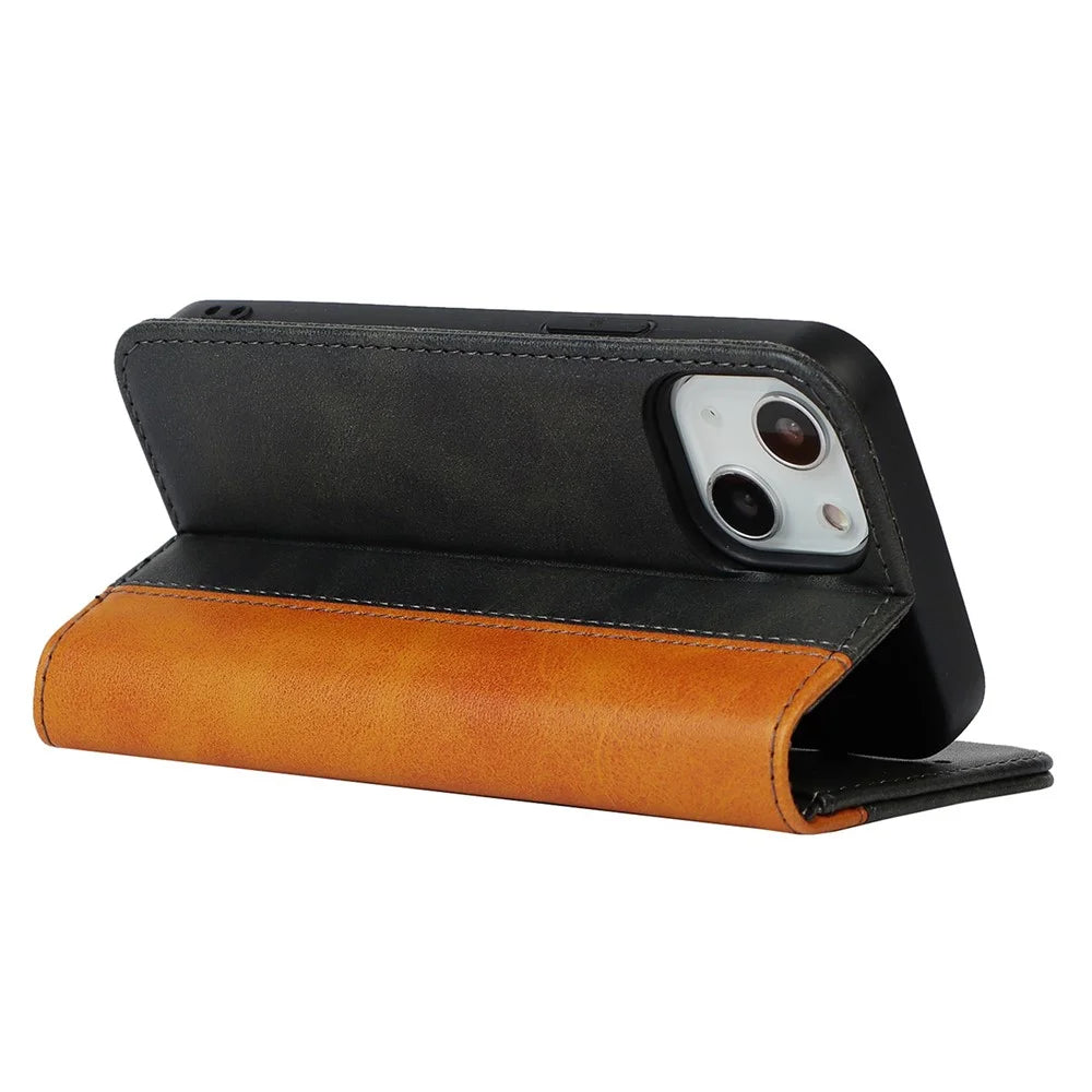 For iPhone 14 Plus Bi-color Splicing Calf Texture PU Leather Drop-proof Case Magnetic Auto-absorbed Phone Wallet Stand Cover - Black / Yellow - 3