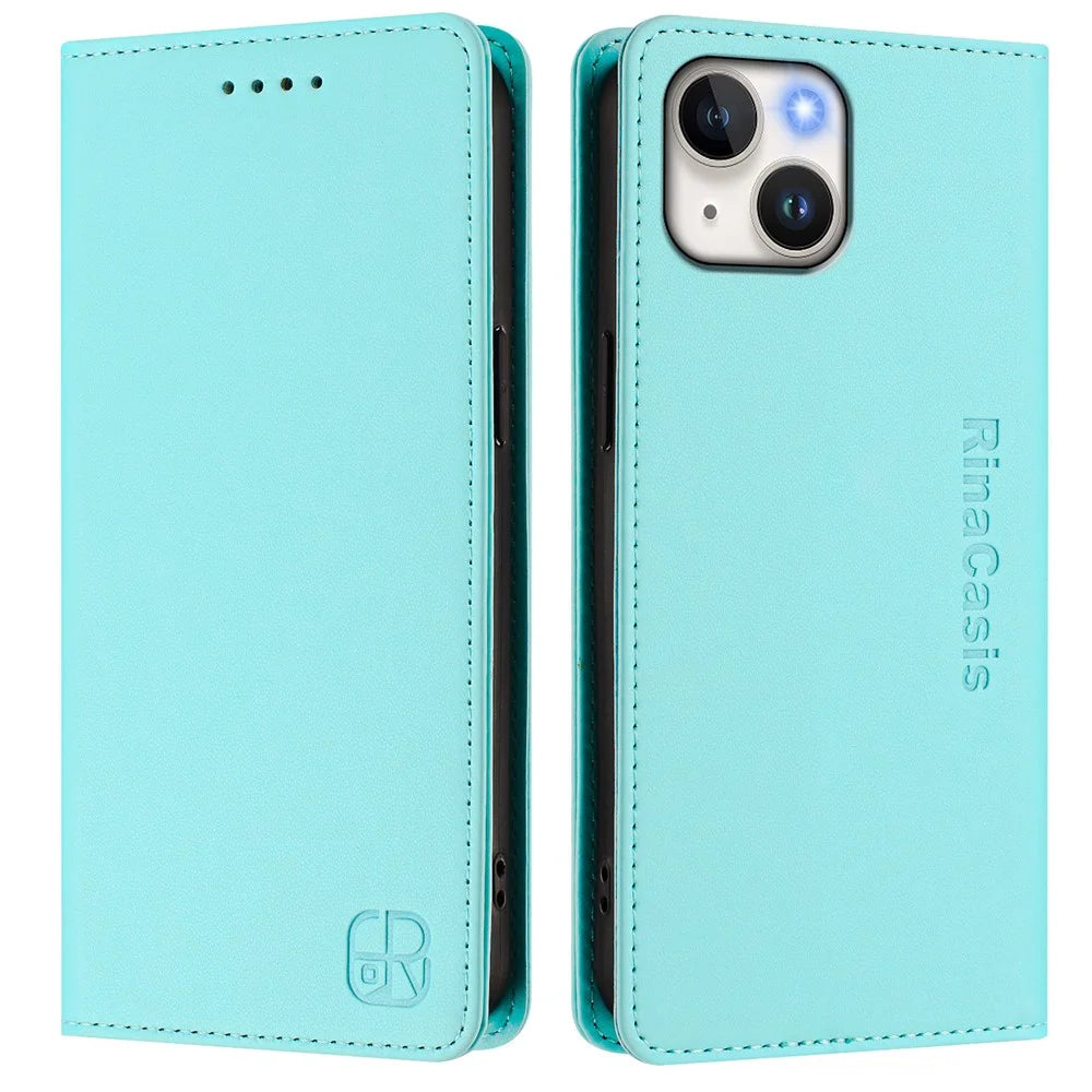 For iPhone 15 Leather Case RINACASIS RC01 Phone Cover with RFID Blocking Wallet Stand - Mint Green - 1