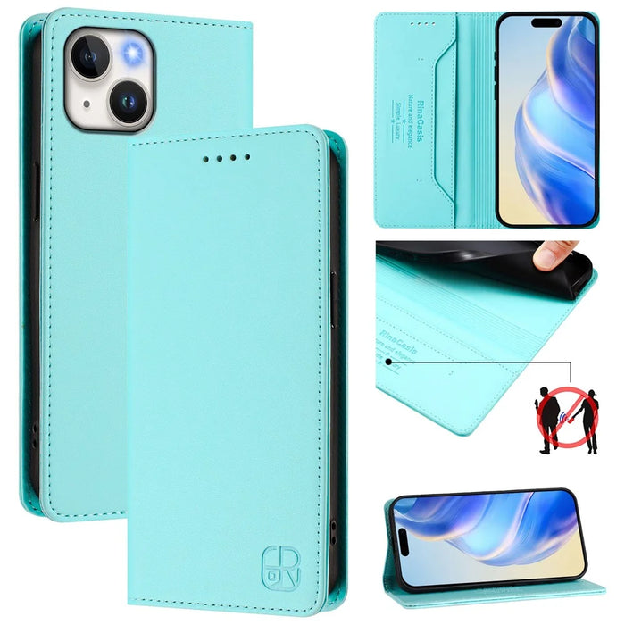 For iPhone 15 Leather Case RINACASIS RC01 Phone Cover with RFID Blocking Wallet Stand - Mint Green - 2