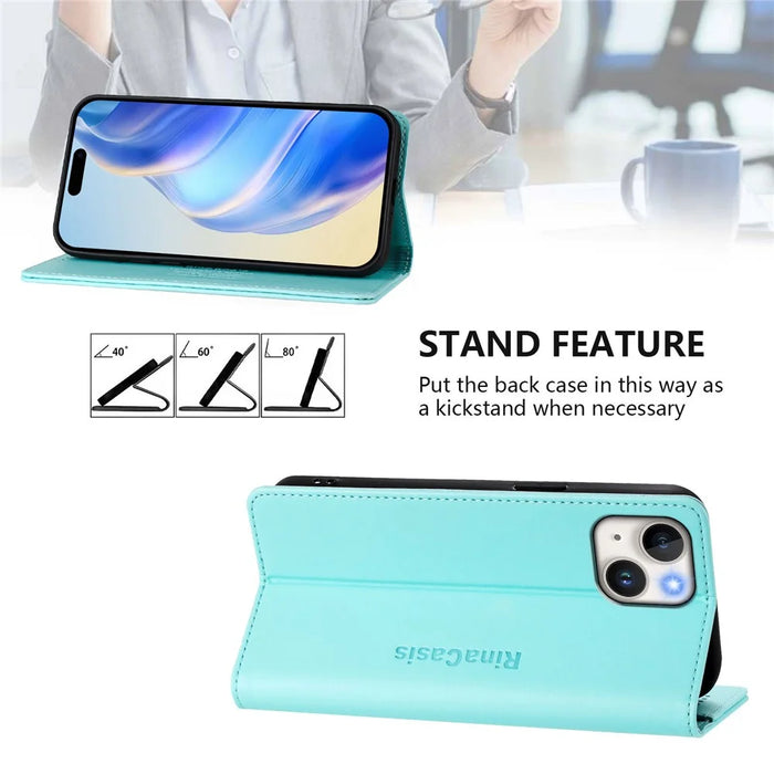 For iPhone 15 Leather Case RINACASIS RC01 Phone Cover with RFID Blocking Wallet Stand - Mint Green - 4