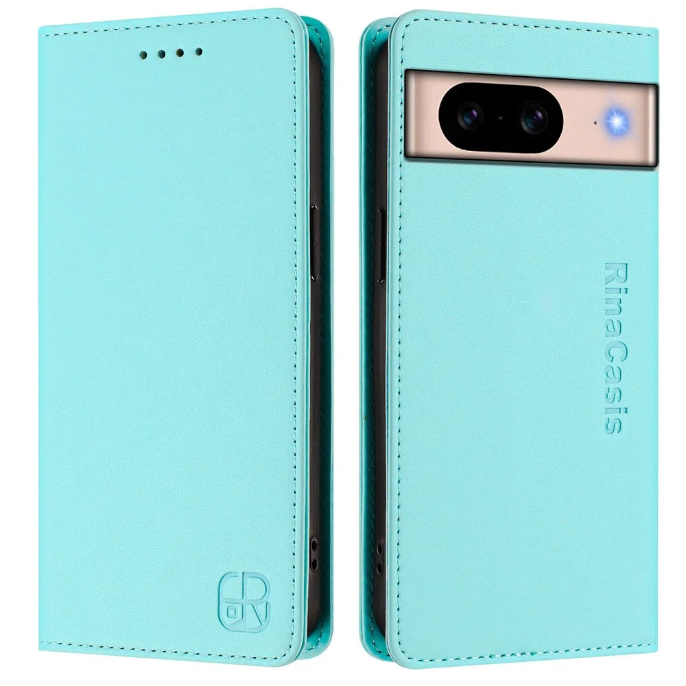 For Google Pixel 8a Leather Case RINACASIS RC01 Phone Cover with RFID Blocking Wallet Stand - Mint Green - 1