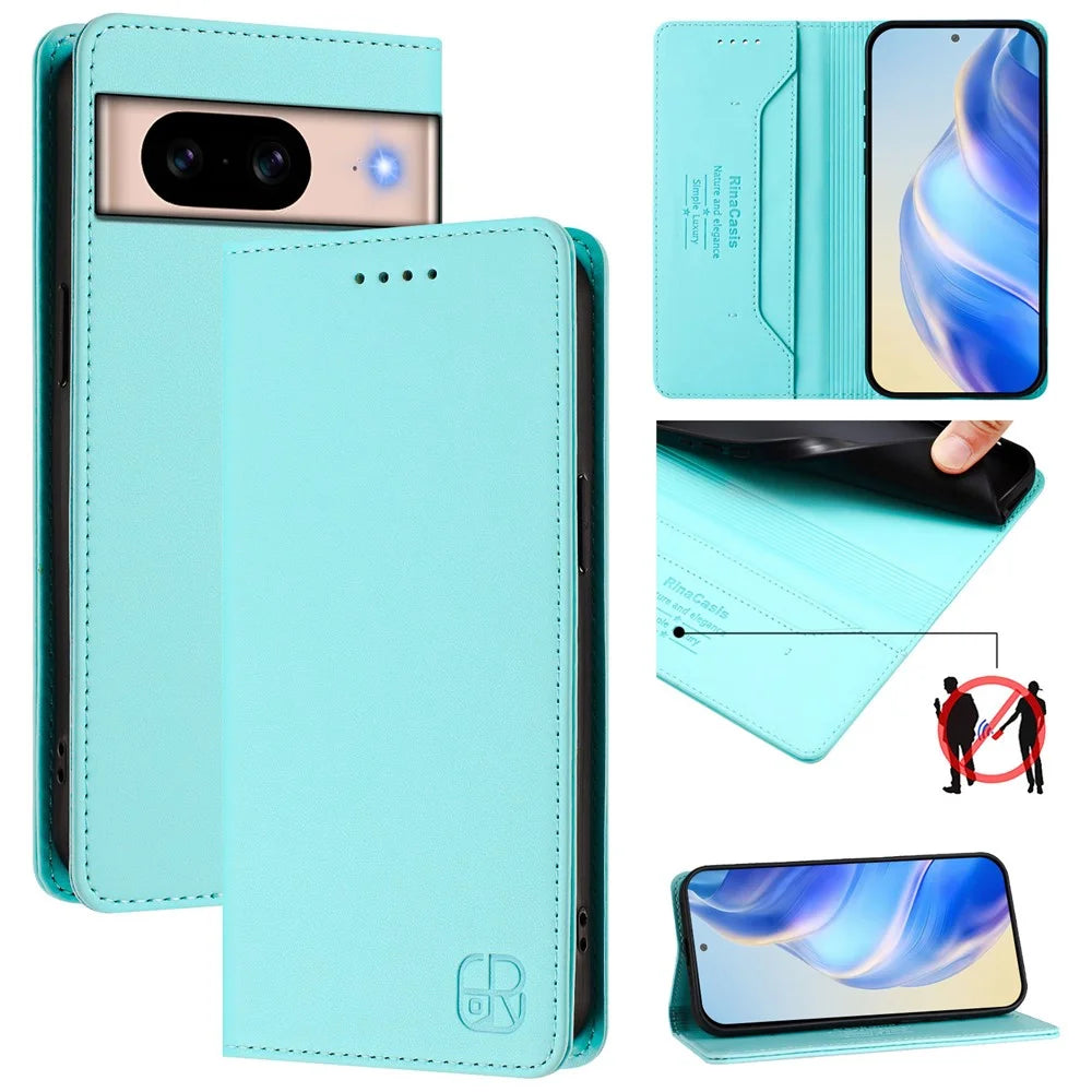 For Google Pixel 8a Leather Case RINACASIS RC01 Phone Cover with RFID Blocking Wallet Stand - Mint Green - 2