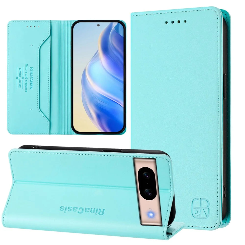 For Google Pixel 8a Leather Case RINACASIS RC01 Phone Cover with RFID Blocking Wallet Stand - Mint Green - 3