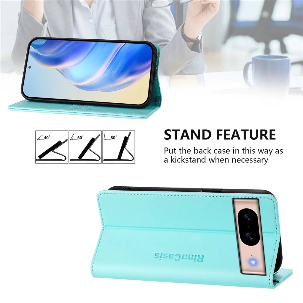 For Google Pixel 8a Leather Case RINACASIS RC01 Phone Cover with RFID Blocking Wallet Stand - Mint Green - 4