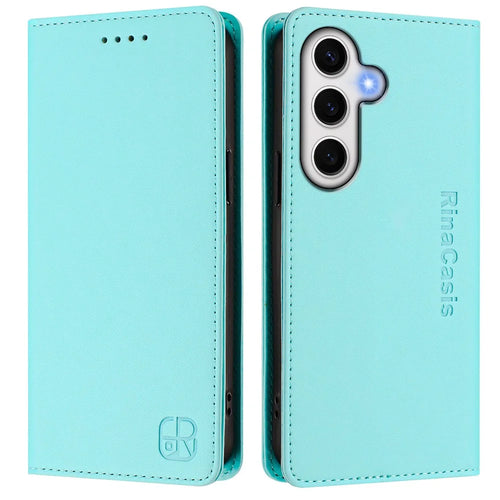 For Samsung Galaxy S24 FE Leather Case RINACASIS RC01 Phone Cover with RFID Blocking Wallet Stand - Mint Green - 1