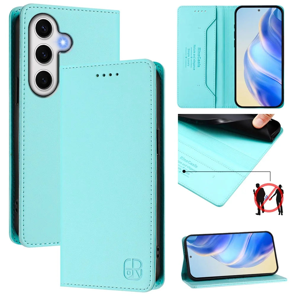 For Samsung Galaxy S24 FE Leather Case RINACASIS RC01 Phone Cover with RFID Blocking Wallet Stand - Mint Green - 2