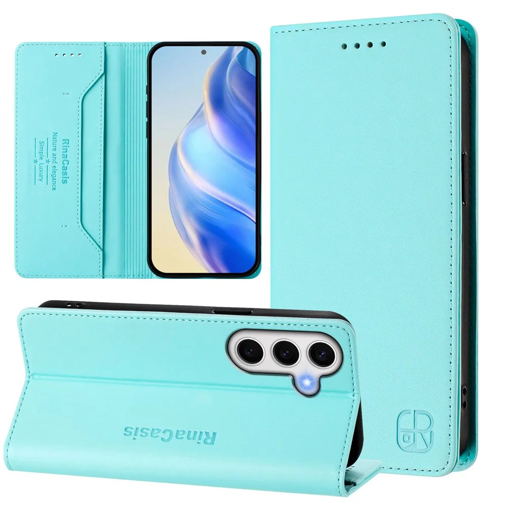For Samsung Galaxy S24 FE Leather Case RINACASIS RC01 Phone Cover with RFID Blocking Wallet Stand - Mint Green - 3
