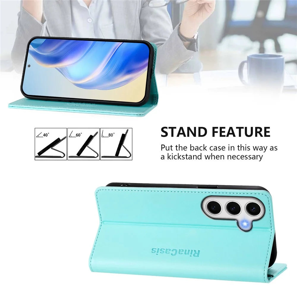 For Samsung Galaxy S24 FE Leather Case RINACASIS RC01 Phone Cover with RFID Blocking Wallet Stand - Mint Green - 4