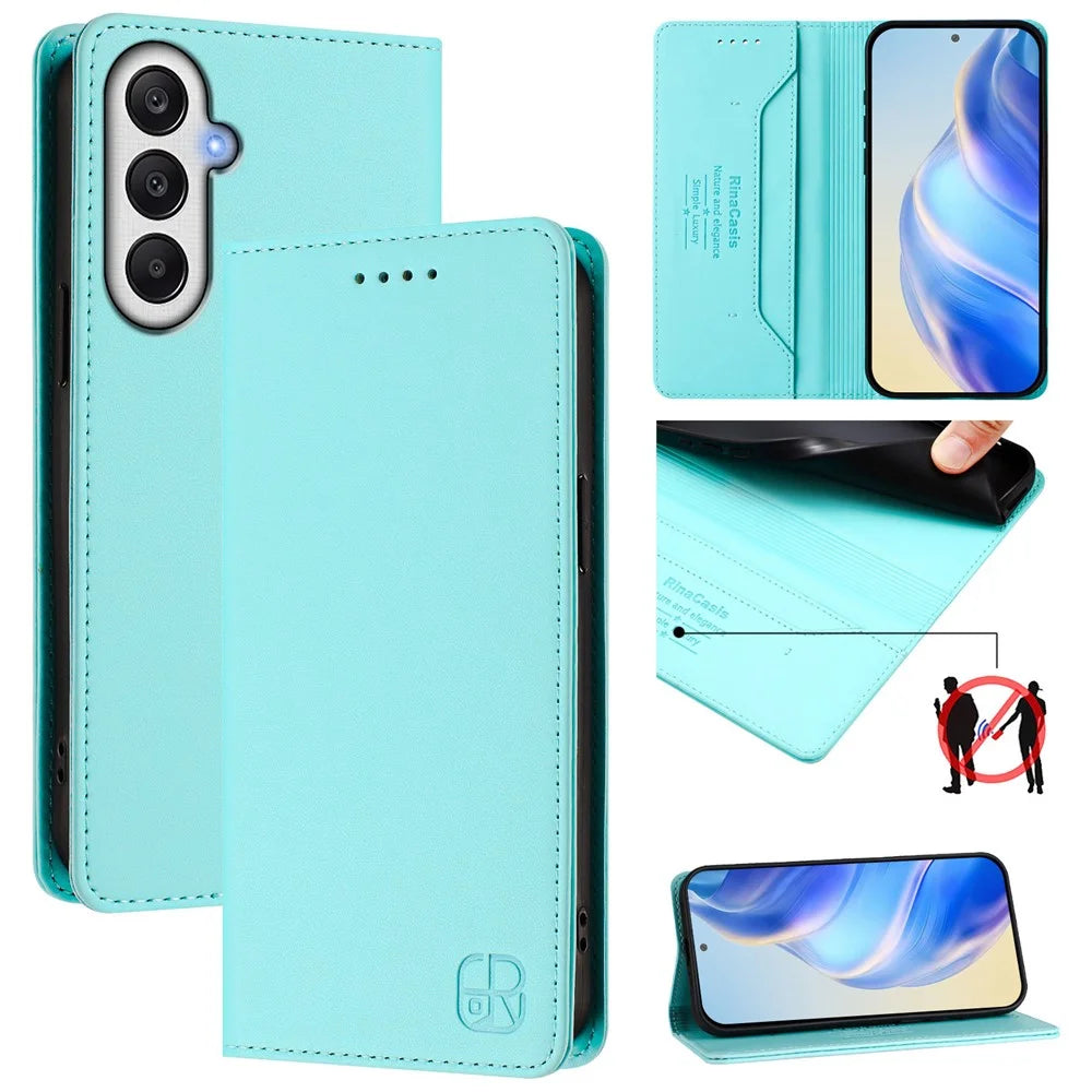 For Samsung Galaxy A25 5G (Global) (161.0 x 76.5 x 8.3mm) Leather Case RINACASIS RC01 Phone Cover with RFID Blocking Wallet Stand - Mint Green - 2