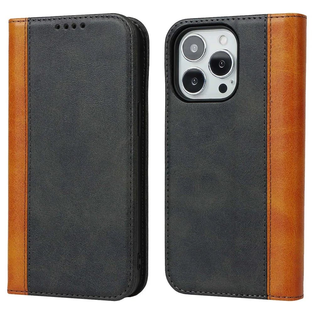 For iPhone 14 Pro Bi-color Splicing Calf Texture PU Leather Phone Case Magnetic Auto-absorbed Flip Stand Wallet Cover - Black / Yellow - 1