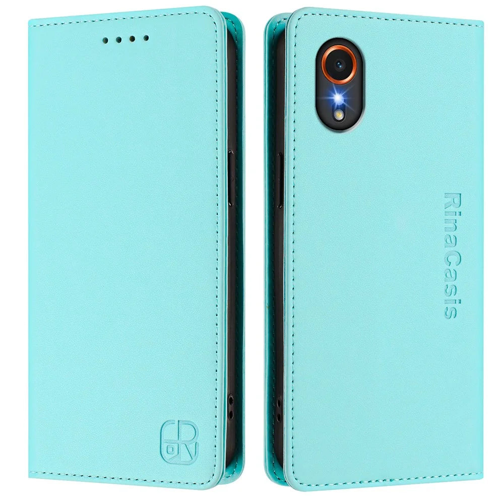 For Samsung Galaxy Xcover7 Leather Case RINACASIS RC01 Phone Cover with RFID Blocking Wallet Stand - Mint Green - 1
