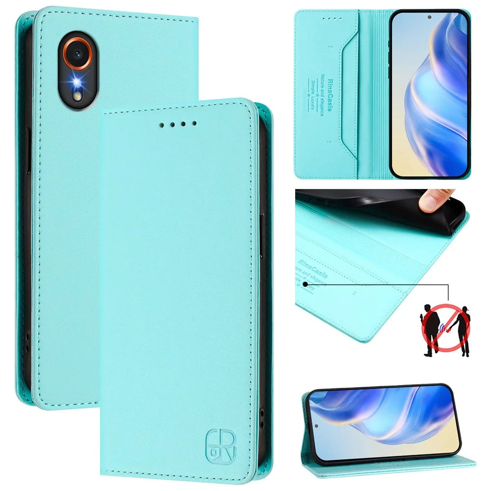 For Samsung Galaxy Xcover7 Leather Case RINACASIS RC01 Phone Cover with RFID Blocking Wallet Stand - Mint Green - 2