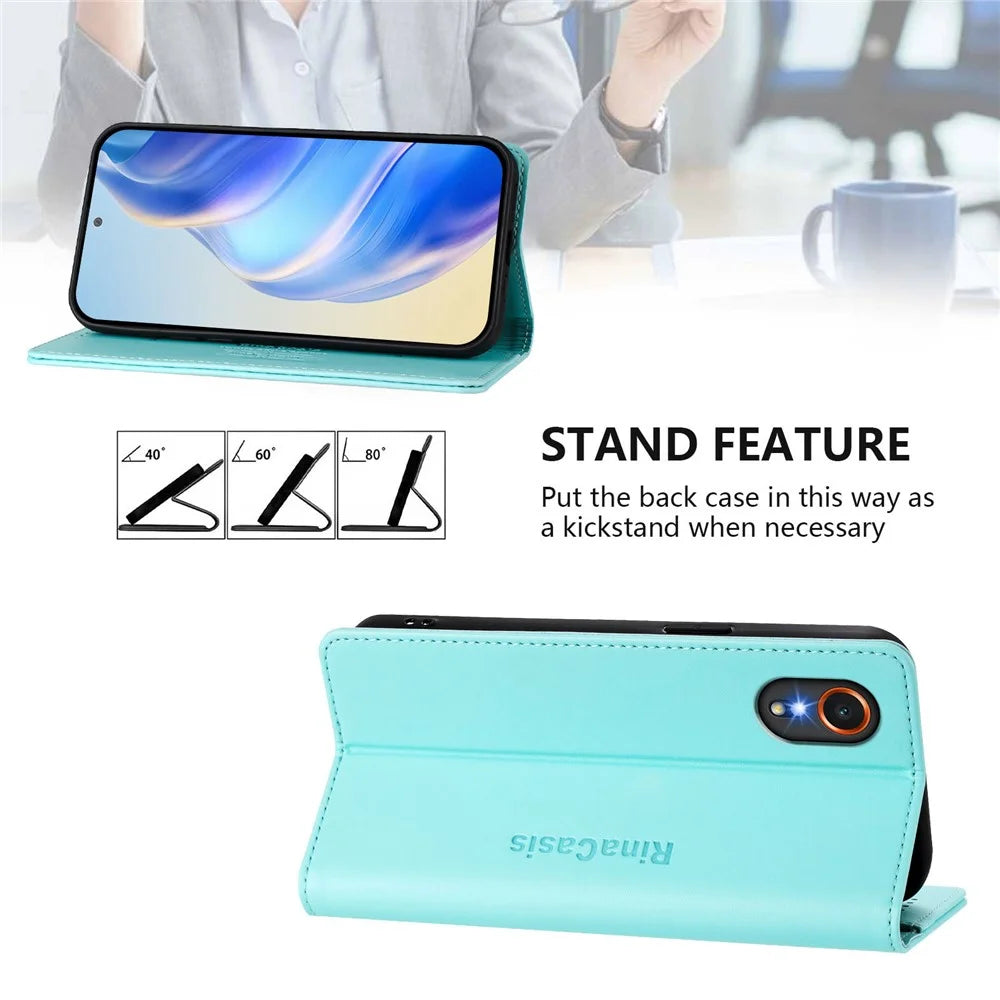 For Samsung Galaxy Xcover7 Leather Case RINACASIS RC01 Phone Cover with RFID Blocking Wallet Stand - Mint Green - 4