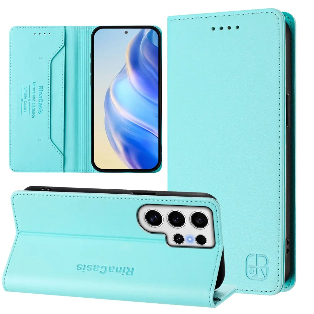 For Samsung Galaxy S24 Ultra Leather Case RINACASIS RC01 Phone Cover with RFID Blocking Wallet Stand - Mint Green - 3