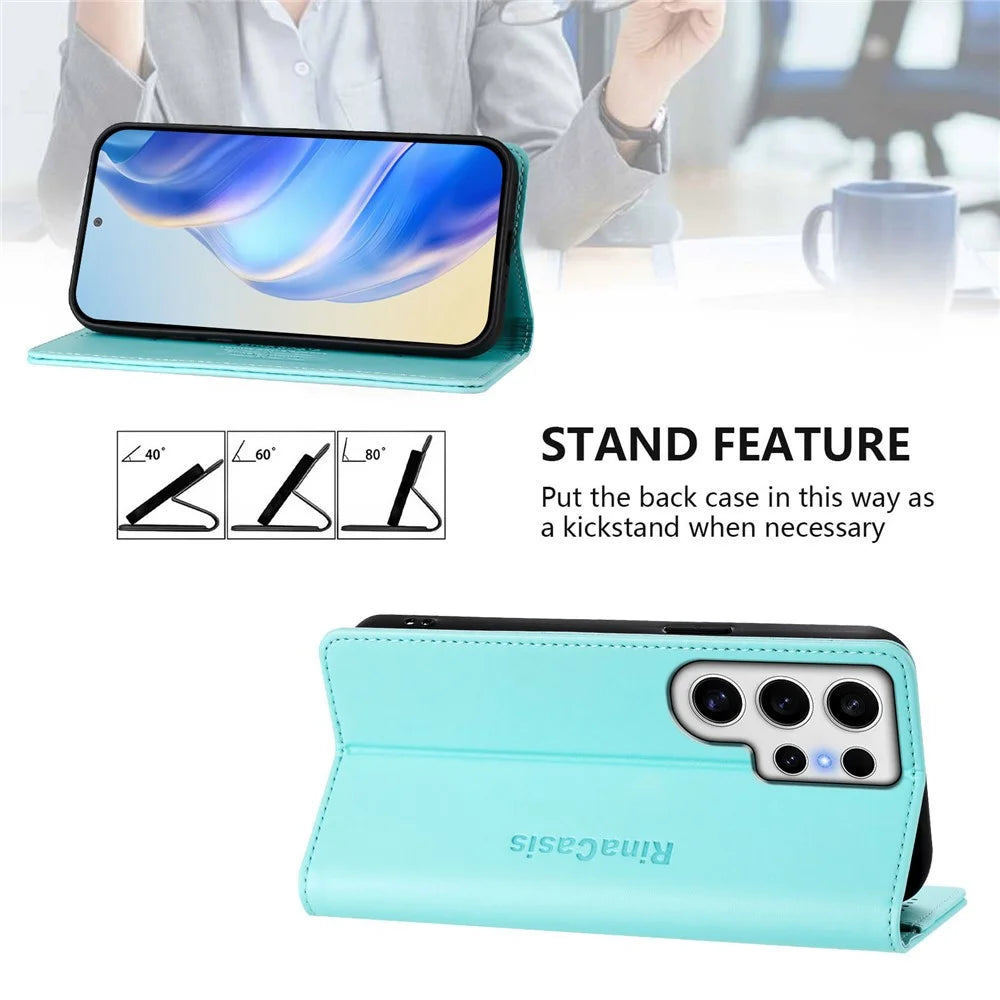 For Samsung Galaxy S24 Ultra Leather Case RINACASIS RC01 Phone Cover with RFID Blocking Wallet Stand - Mint Green - 4