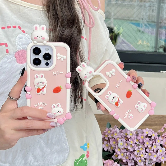 For iPhone 16 Pro Max Silicone Case Cute 3D Cartoon Carrot Rabbit Design Shockproof Phone Back Cover - 5
