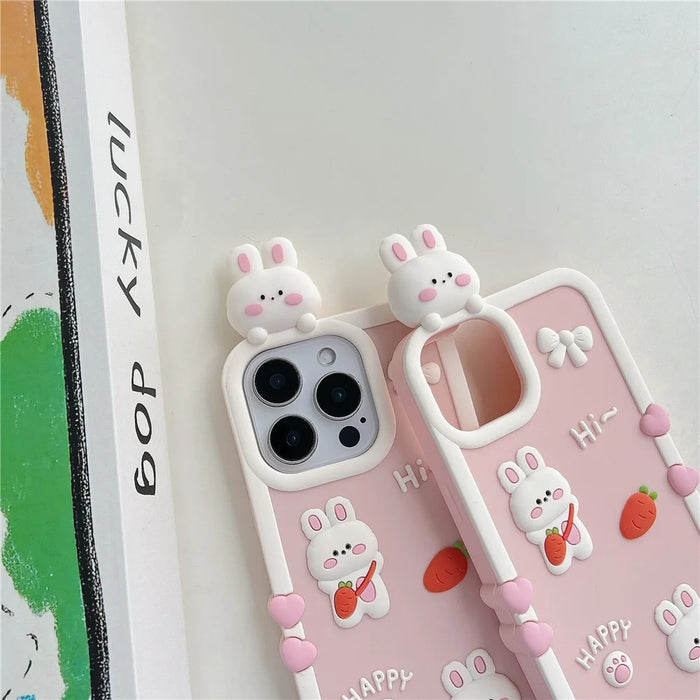 For iPhone 16 Pro Max Silicone Case Cute 3D Cartoon Carrot Rabbit Design Shockproof Phone Back Cover - 7