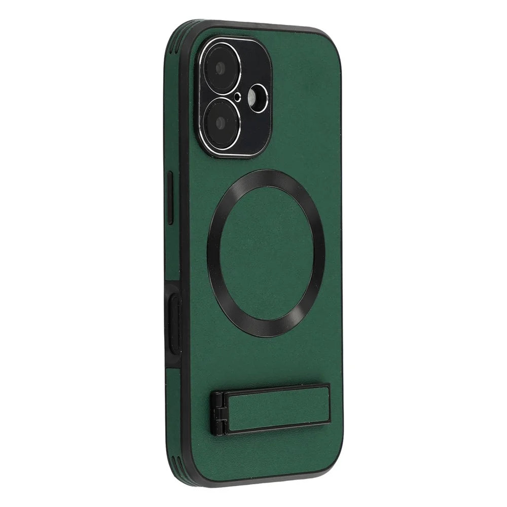 For iPhone 16 Kickstand Case Compatible with MagSafe PC + TPU + PU Phone Back Cover - Green - 1
