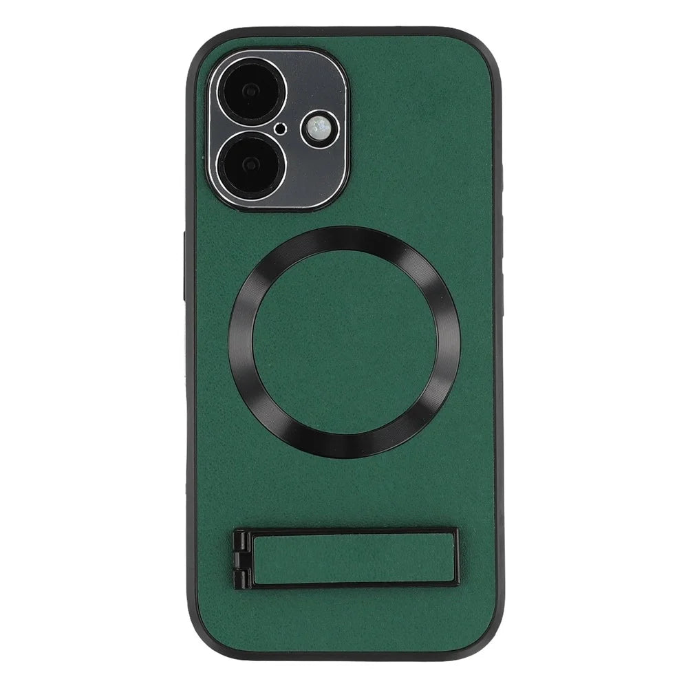 For iPhone 16 Kickstand Case Compatible with MagSafe PC + TPU + PU Phone Back Cover - Green - 3