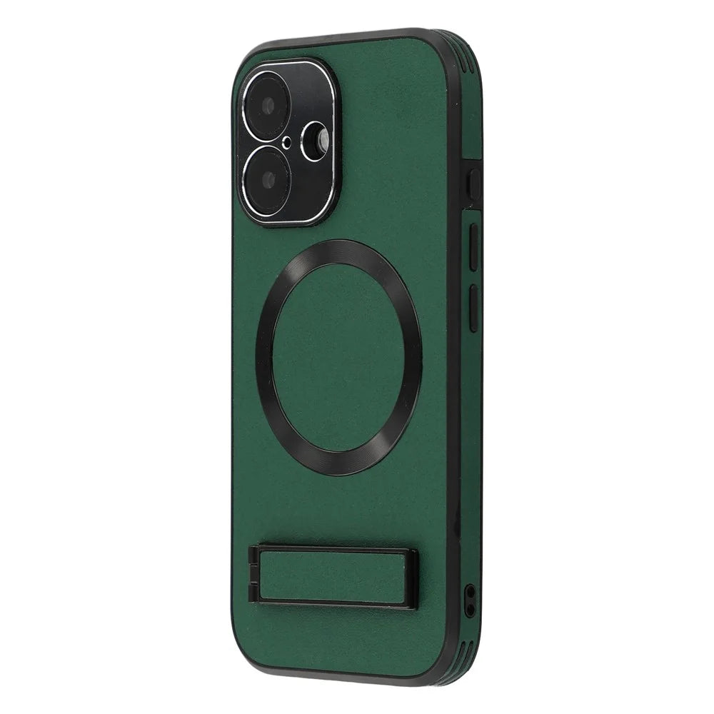 For iPhone 16 Kickstand Case Compatible with MagSafe PC + TPU + PU Phone Back Cover - Green - 4