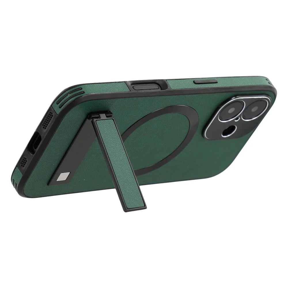 For iPhone 16 Kickstand Case Compatible with MagSafe PC + TPU + PU Phone Back Cover - Green - 5