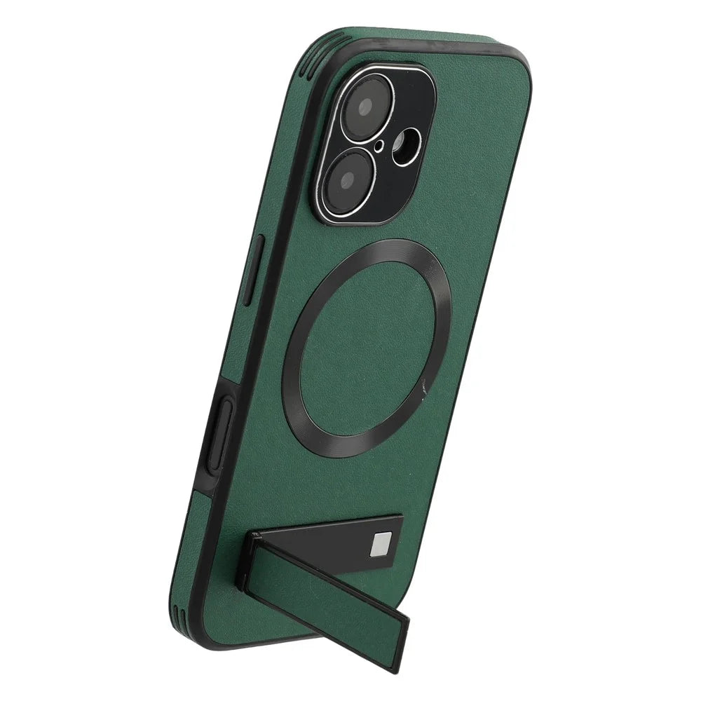 For iPhone 16 Kickstand Case Compatible with MagSafe PC + TPU + PU Phone Back Cover - Green - 6