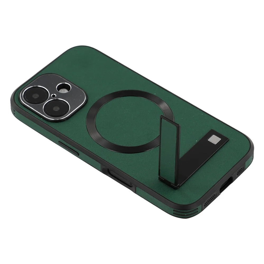 For iPhone 16 Kickstand Case Compatible with MagSafe PC + TPU + PU Phone Back Cover - Green - 7