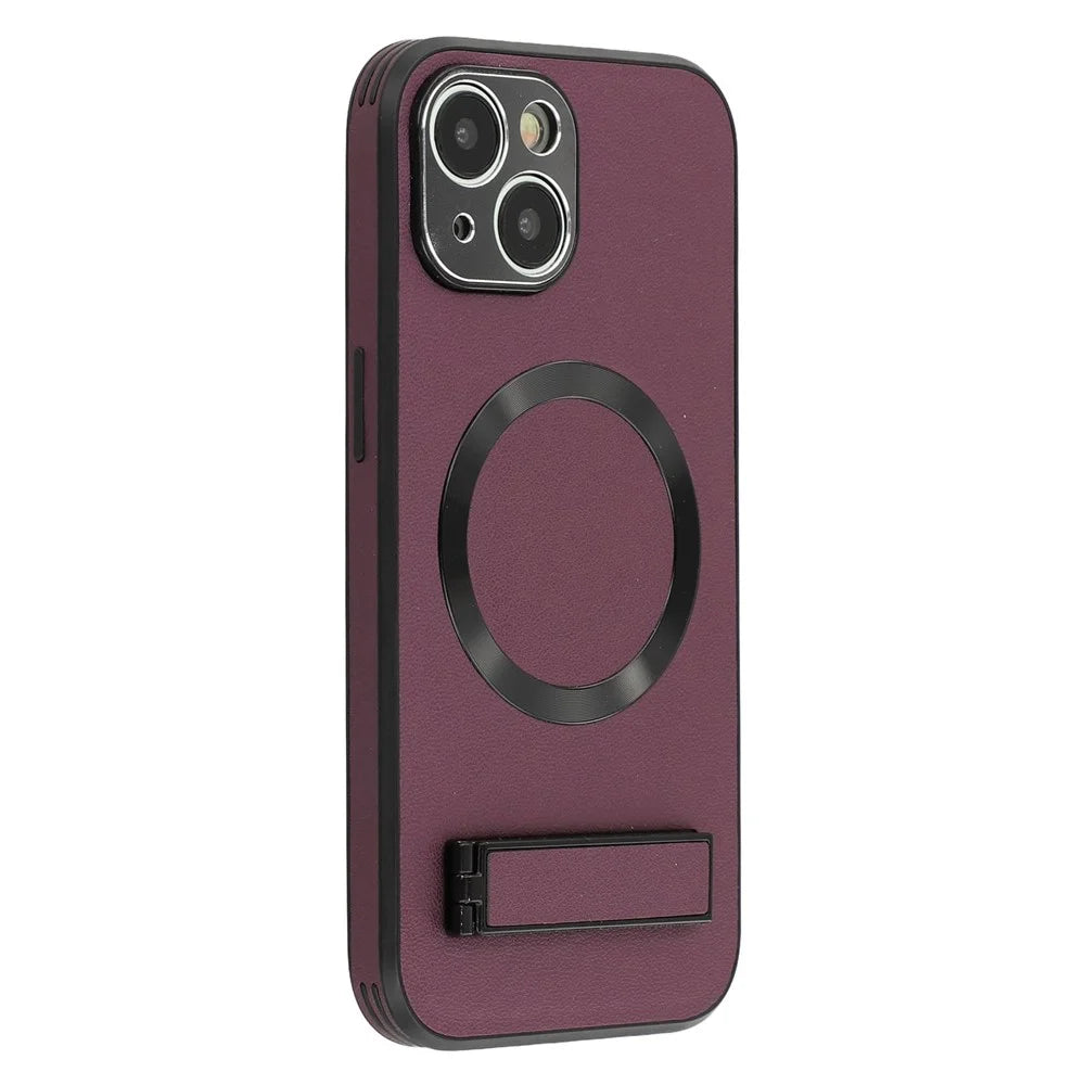 For iPhone 15 Kickstand Case Compatible with MagSafe PC + TPU + PU Phone Back Cover - Wine Red - 1