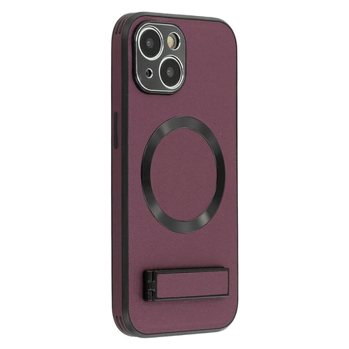 For iPhone 15 Kickstand Case Compatible with MagSafe PC + TPU + PU Phone Back Cover - Wine Red - 1