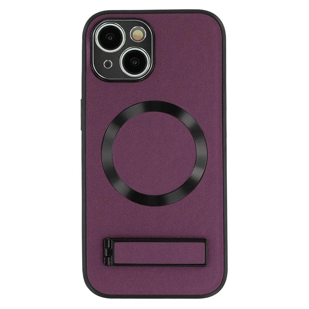 For iPhone 15 Kickstand Case Compatible with MagSafe PC + TPU + PU Phone Back Cover - Wine Red - 3