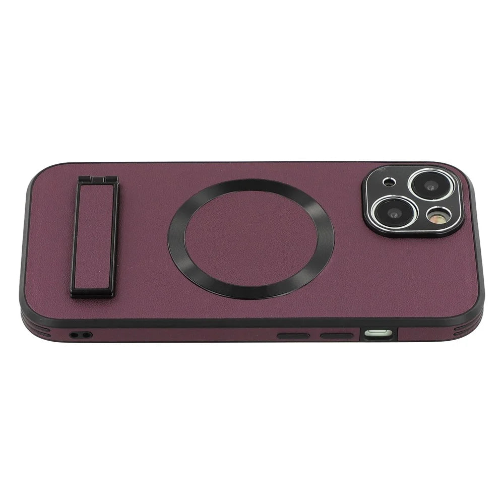 For iPhone 15 Kickstand Case Compatible with MagSafe PC + TPU + PU Phone Back Cover - Wine Red - 4