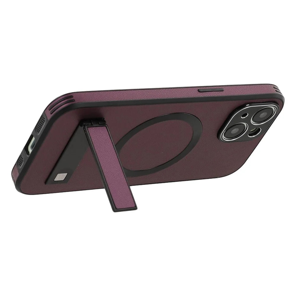 For iPhone 15 Kickstand Case Compatible with MagSafe PC + TPU + PU Phone Back Cover - Wine Red - 5