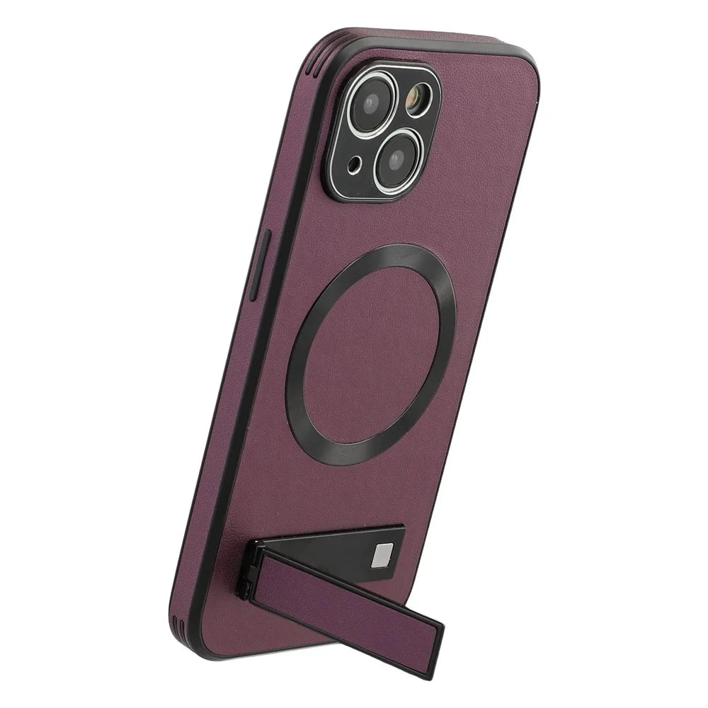 For iPhone 15 Kickstand Case Compatible with MagSafe PC + TPU + PU Phone Back Cover - Wine Red - 6