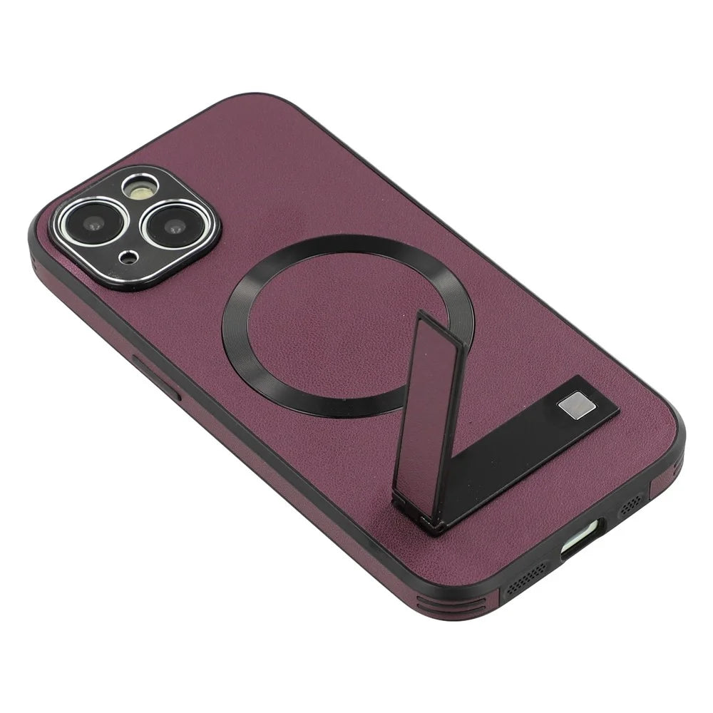 For iPhone 15 Kickstand Case Compatible with MagSafe PC + TPU + PU Phone Back Cover - Wine Red - 7
