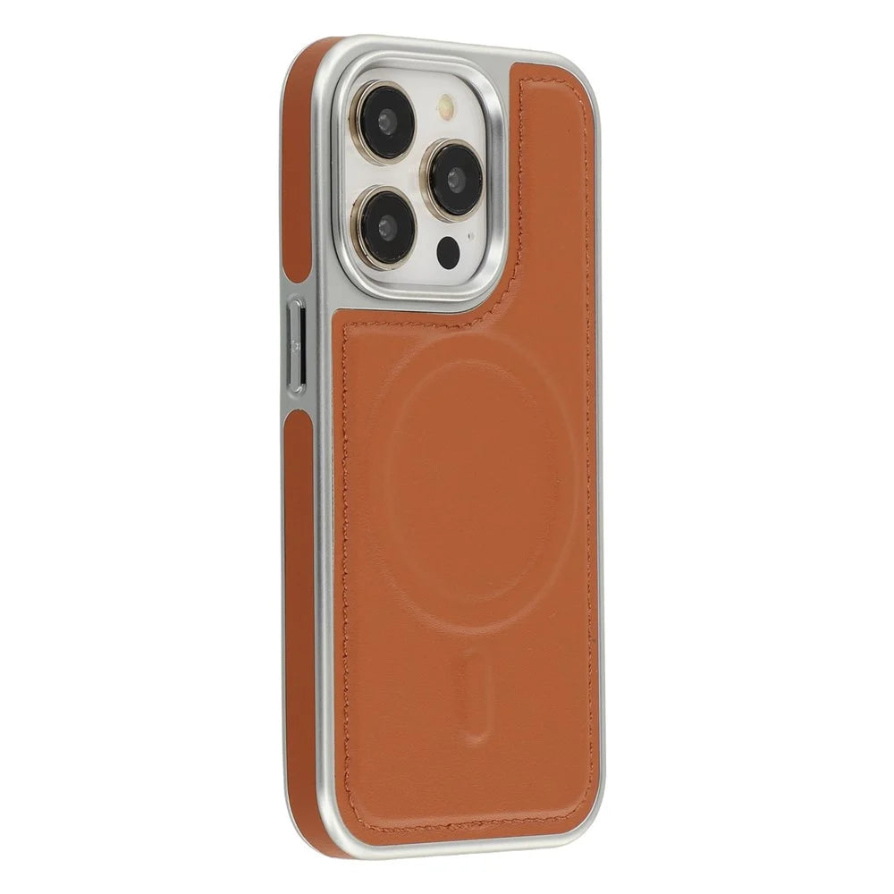 For iPhone 14 Pro Case Compatible with MagSafe Electroplating Edge PU + TPU + PC Phone Back Cover - Brown - 1